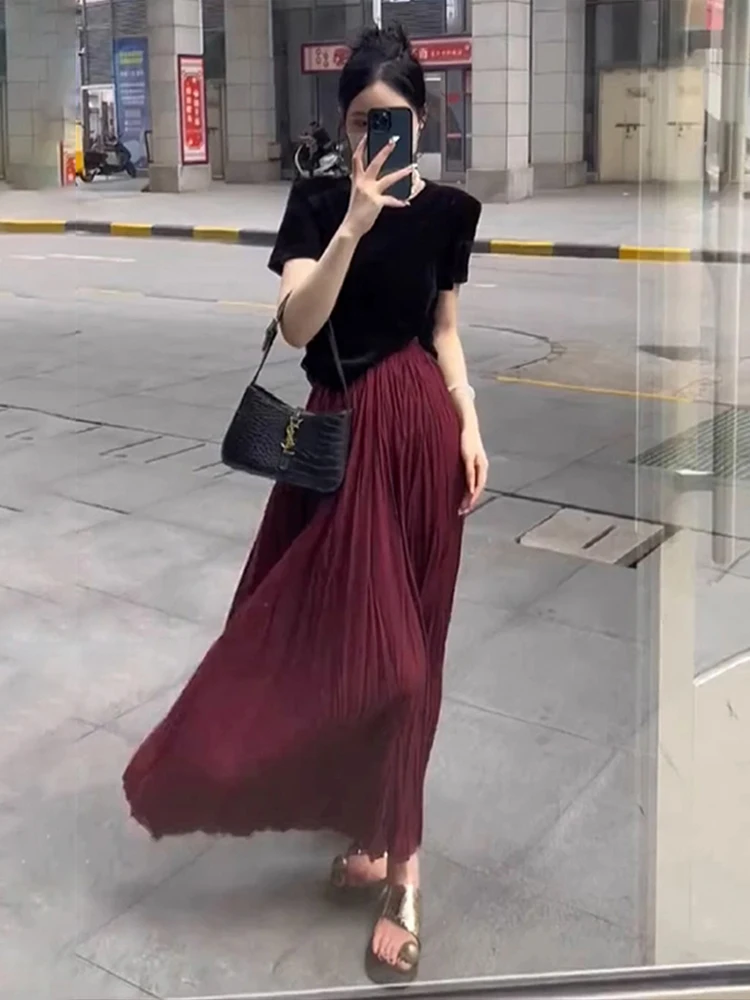 

Retro Wine Red Pleated Skirt Women's High Waist Slimming Elegant Flared A-Line Skirt Korean Style Commute Spring Summer