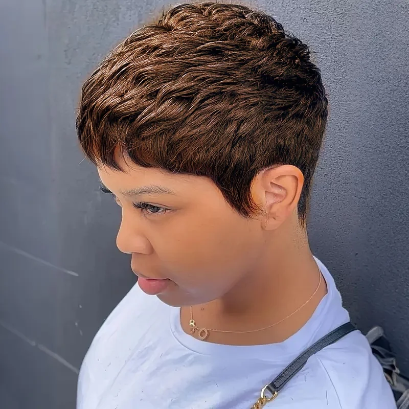 ピクシーカットウィッグ人毛女性のための前髪ブラジルバージンヘアフルマシン