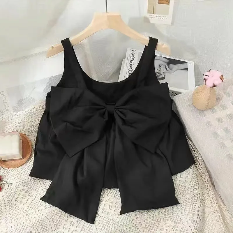 Vest Girls Summer New Bow Short Camisole Shirt Backless Solid Color 2024 Childrens Clothing Pleated Sleeveless Simple