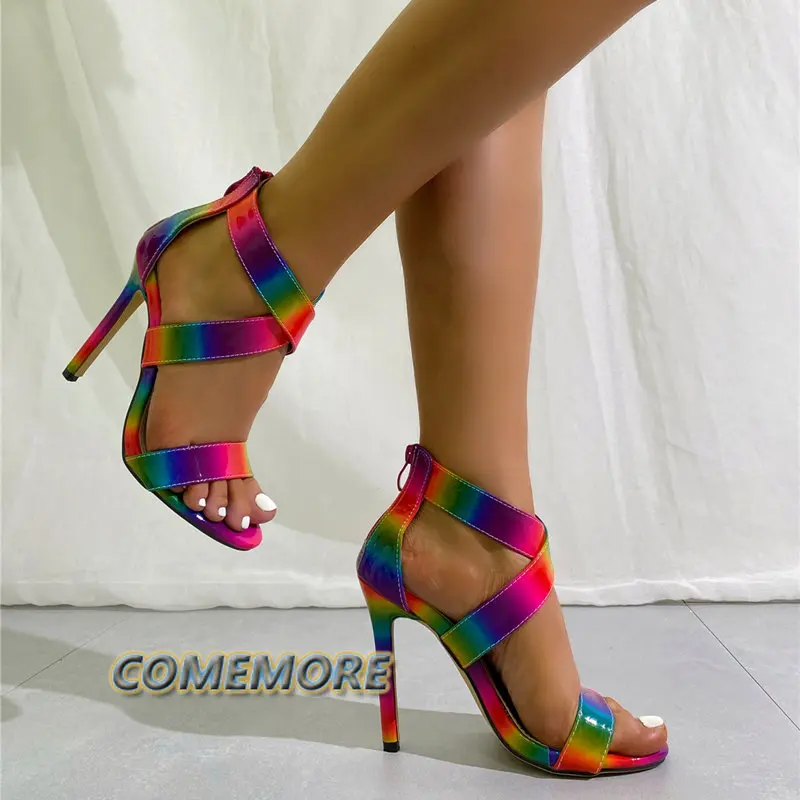 Shoes High Heels Super Model Sandals Pointed Toe Women\'s Summer Footwear Rainbow Color Matching Stripper Luxury Ladies 2023 New