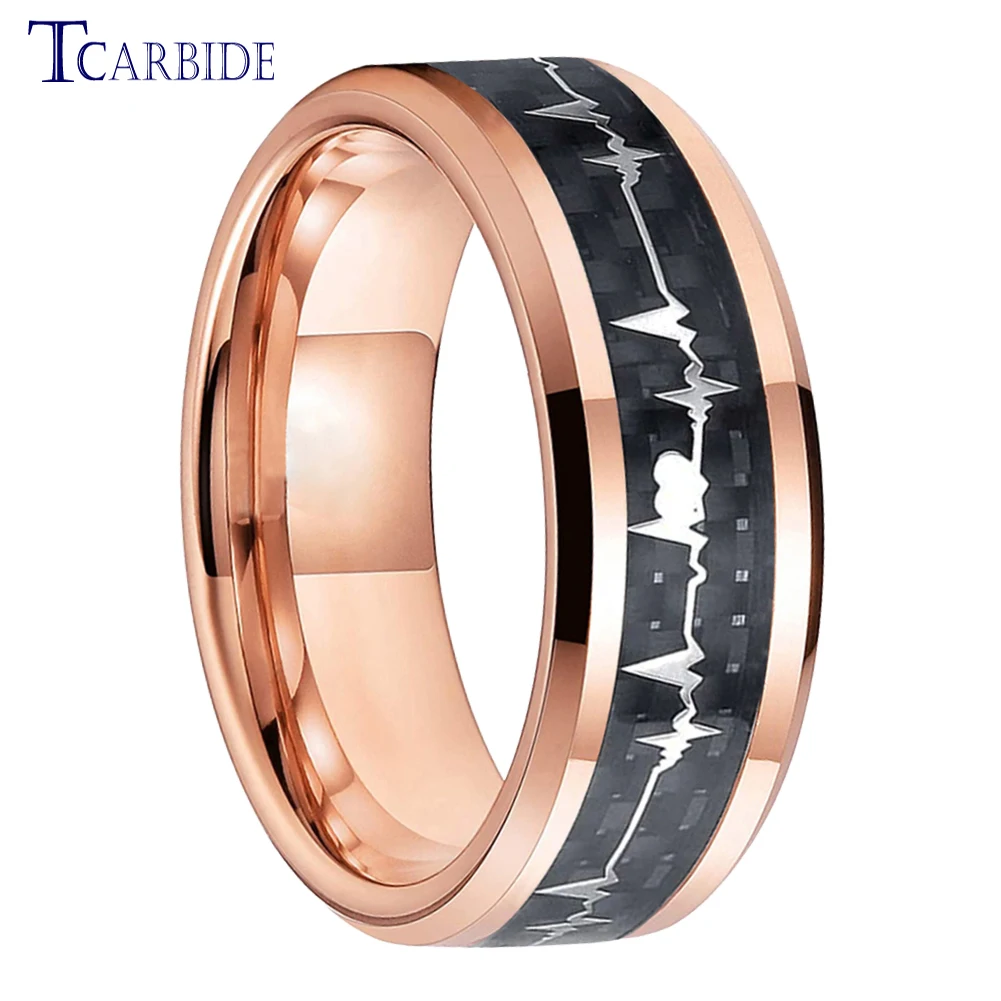 Bague en Carbure de Tungstène pour Homme et Femme, 8mm de Proximité, Bracelet de Fiançailles, Cardiogramme, Incrustation en Fibre de Carbone, Ajustement Confortable