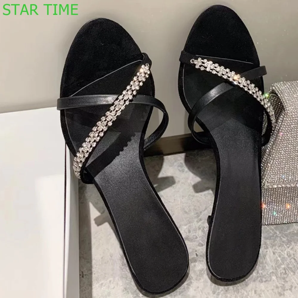 

Cross Strap Crystal Bling Outdoor Slides 2024 Summer New Open Toe Casual Kitten Heel Slip On Fashion Women Slippers