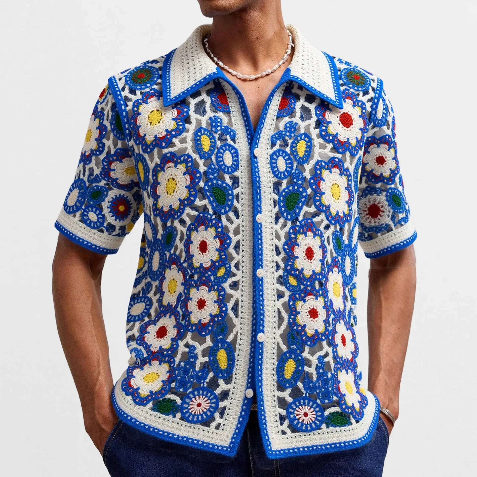 

Men's clothing_European and American ethnic style crochet sweater_Men's summer short-sleeved polo shirt