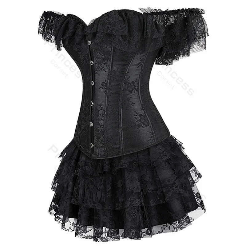 Vestido de corsé con tutú, conjunto de talla grande, Overbust con mangas de encaje, traje Sexy de fiesta, Burlesque, traje Vintage negro y rojo