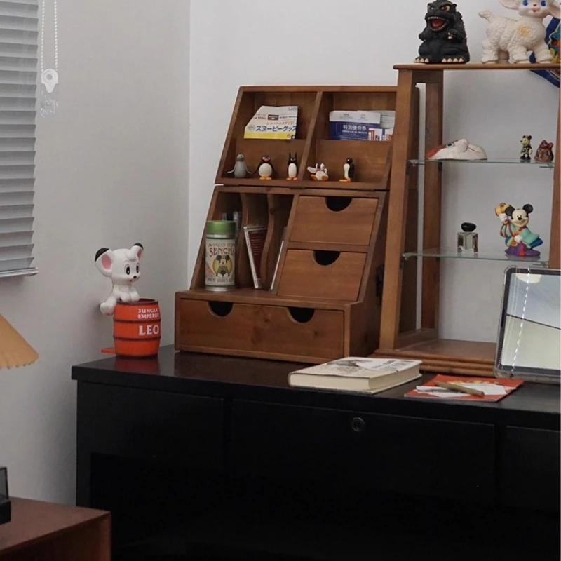 

Retro Desktop Display Cabinet Organizing Storage Box Solid Wood Multi-layer Drawer Medieval Table Shelf -