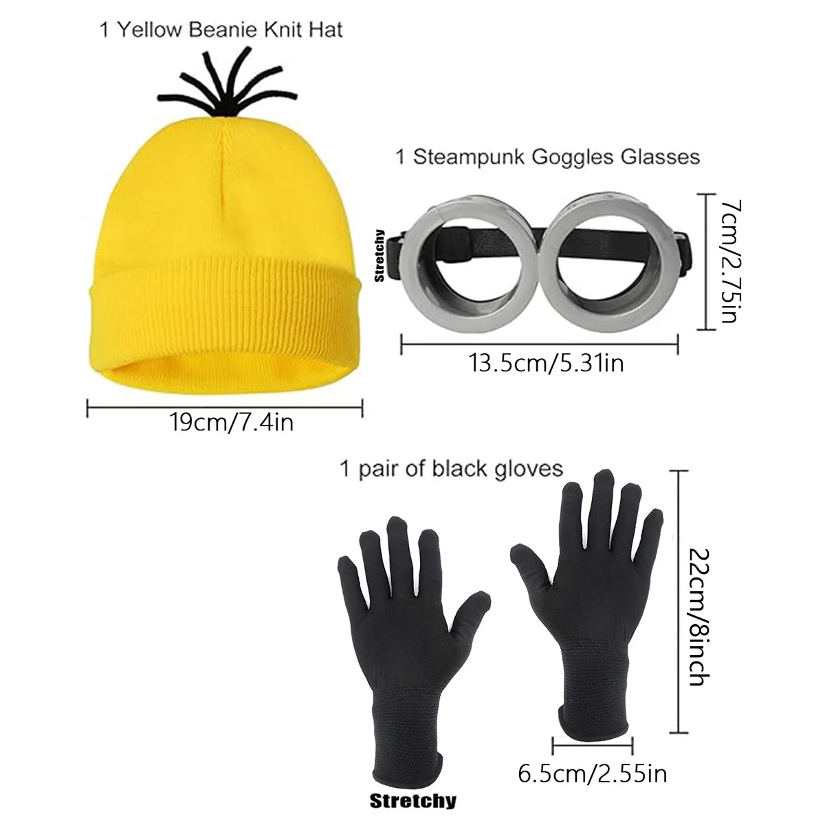 قفازات قبعة محبوكة للهالوين مينيون، نظارات شبكية، تنورة بحزام كتف، مجموعة إكسسوارات فستان للبالغين