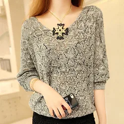 Spring Autumn Casual V-Neck Knitted T-shirt Fashion Hollow Out Female Clothing Long Sleeve Vintage Solid Color Loose Pullovers