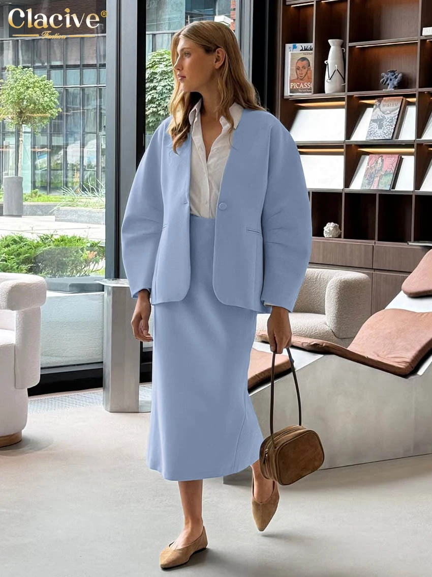 Clacive Fashion Allentato Blu Ufficio Abiti a due pezzi Donna 2025 Elegante giacca a maniche lunghe con gonna lunga a vita alta Set femminile