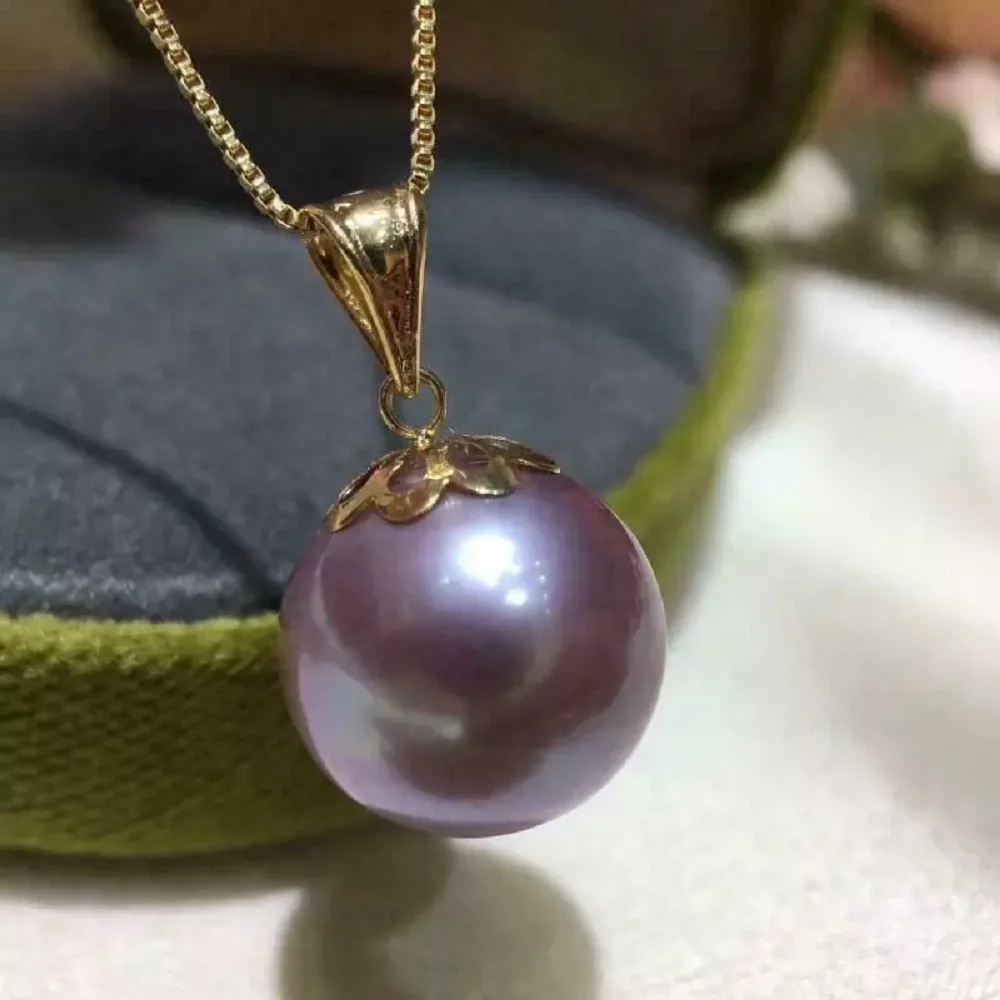 Gorgeous AAA+13-12mm Natural Round Purple Pearl Pendant 18k/AU750 Gold