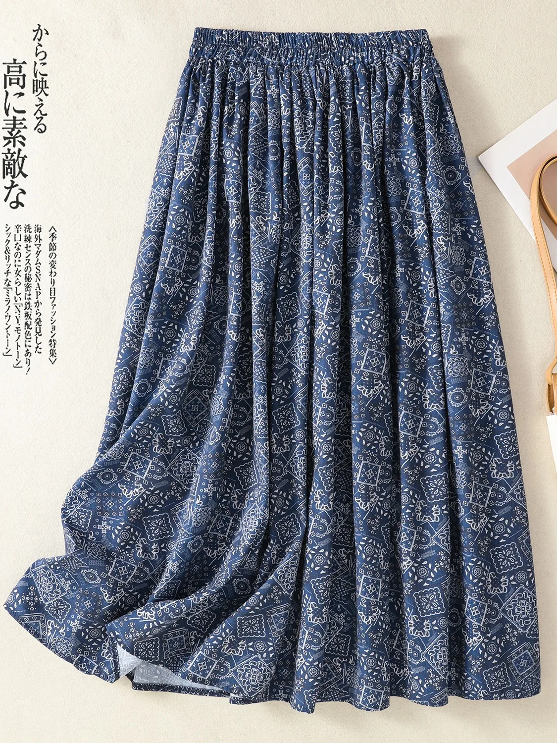 

Retro Floral Cotton Linen f Skirt Women's Summer Elastic Waist Draped Slimming Casual A-Line Skirt Ethnic Sle Midi Skirt