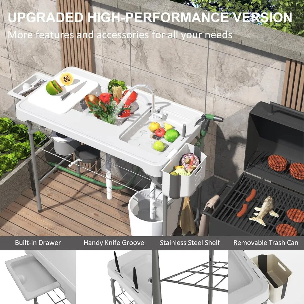 42.5" Fish Cleaning Table with Dual Sink, Portable Folding Camping Table with Faucet, Sprayer, Grid Rack, Hose Hook Up & Knife image 4