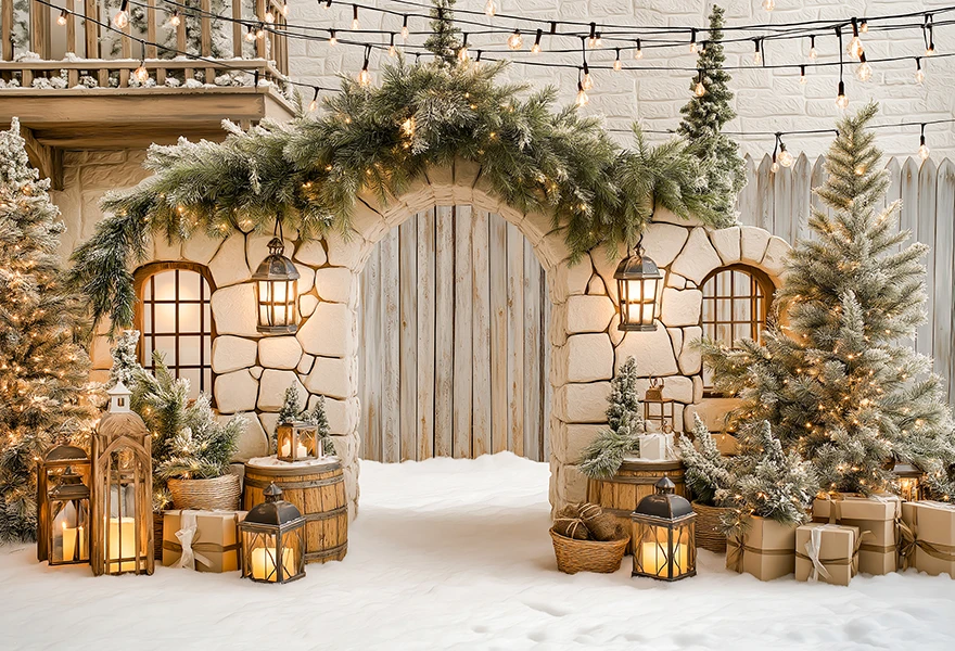 قوس عيد الميلاد مزين بالفوانيس وإكليل الهدايا خلفية التصوير الفوتوغرافي للأطفال كعكة سحق خلفيات التصوير الفوتوغرافي #4