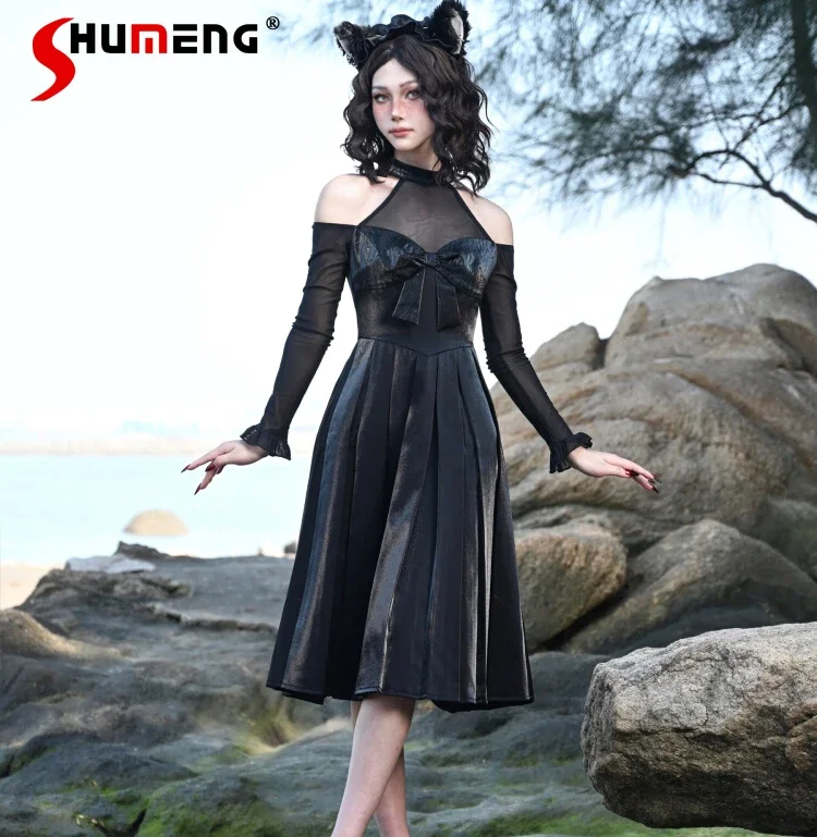 

2024 Original DarkVintage Black Nee-length Dress Women's Autumn Slim-Fit Bow Neck Tight Leather Dress Long Sleeve A-Line Dresses