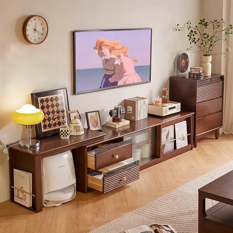 Solid wood telescopic TV cabinet floor-to-ceiling living room household floor cabinet locker medieval storage small apartment co
