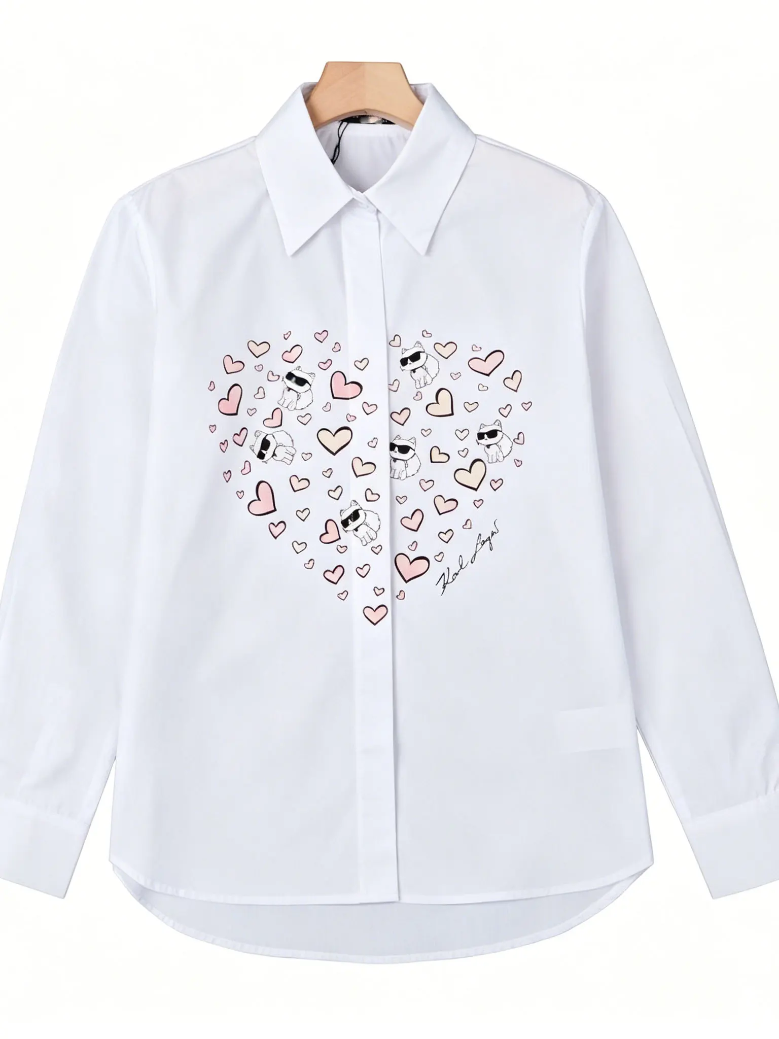 Women's Long Sleeve Collared Shirt Casual Style Heart Print Cotton Base Layer Top White Color Standalone Button Design