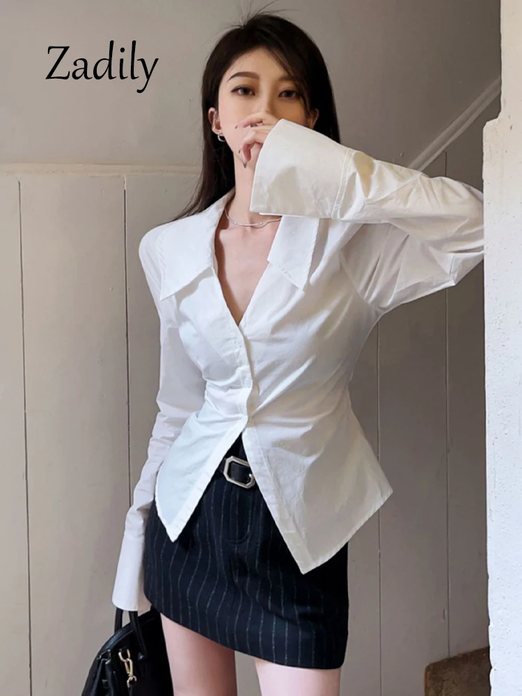 Zadily 2024 Spring Office Lady Women White Shirt Korea Style Long Sleeve Button Up Slim Work Blouse Woman Clothing Tops