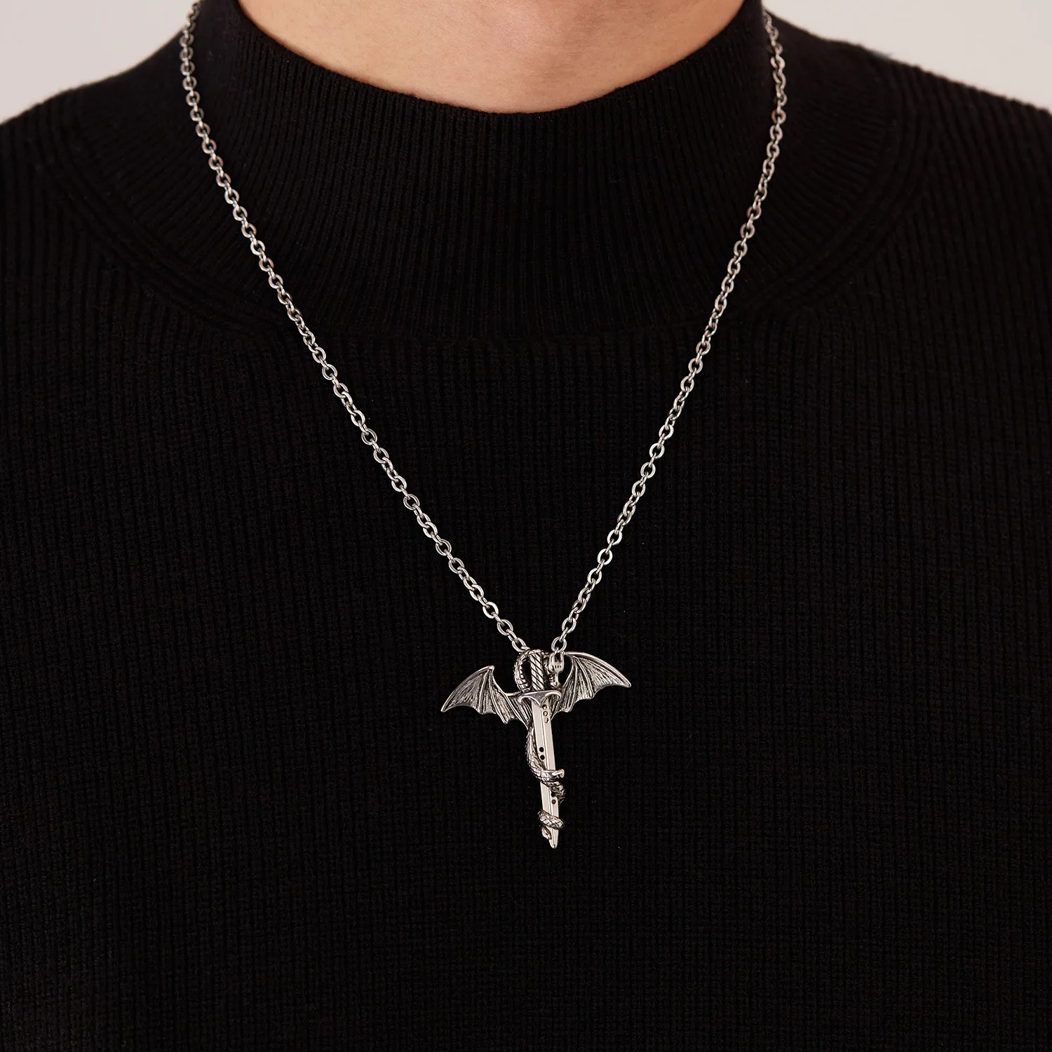 Fashion Vintage Charm Pterosaurs Sword Necklace Flying Dragon With Wings Rolled Pendant Cross Punk Jewelry Men Women