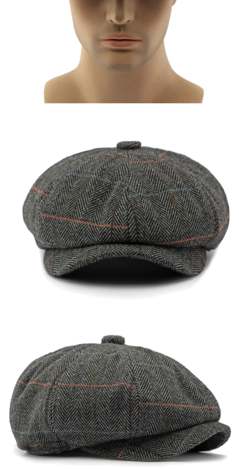 HT4255 Baskenmützen für Männer und Frauen, Retro-Künstler-Malermütze, karierte achteckige Ivy-Flachmütze für Herren und Damen, Herbst-Winter-Wollmütze – Detail 9