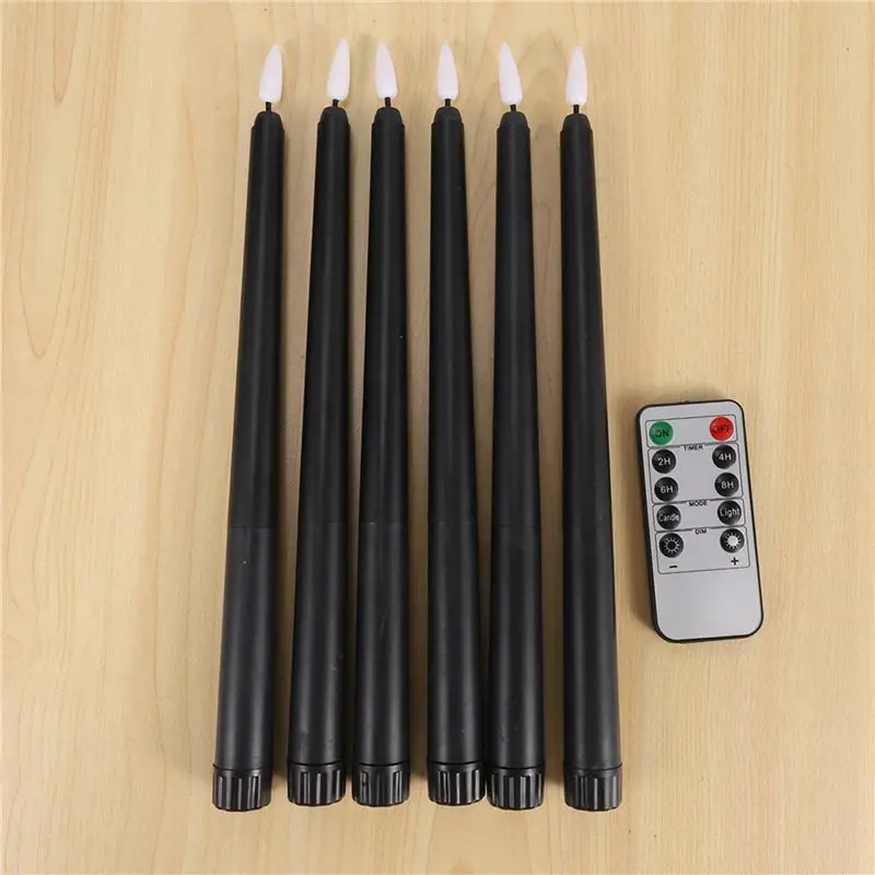 Pack Of 12 Remote Halloween Taper Candles,Black Color Flameless Fake Pillar Candles,Battery Candles With Contain