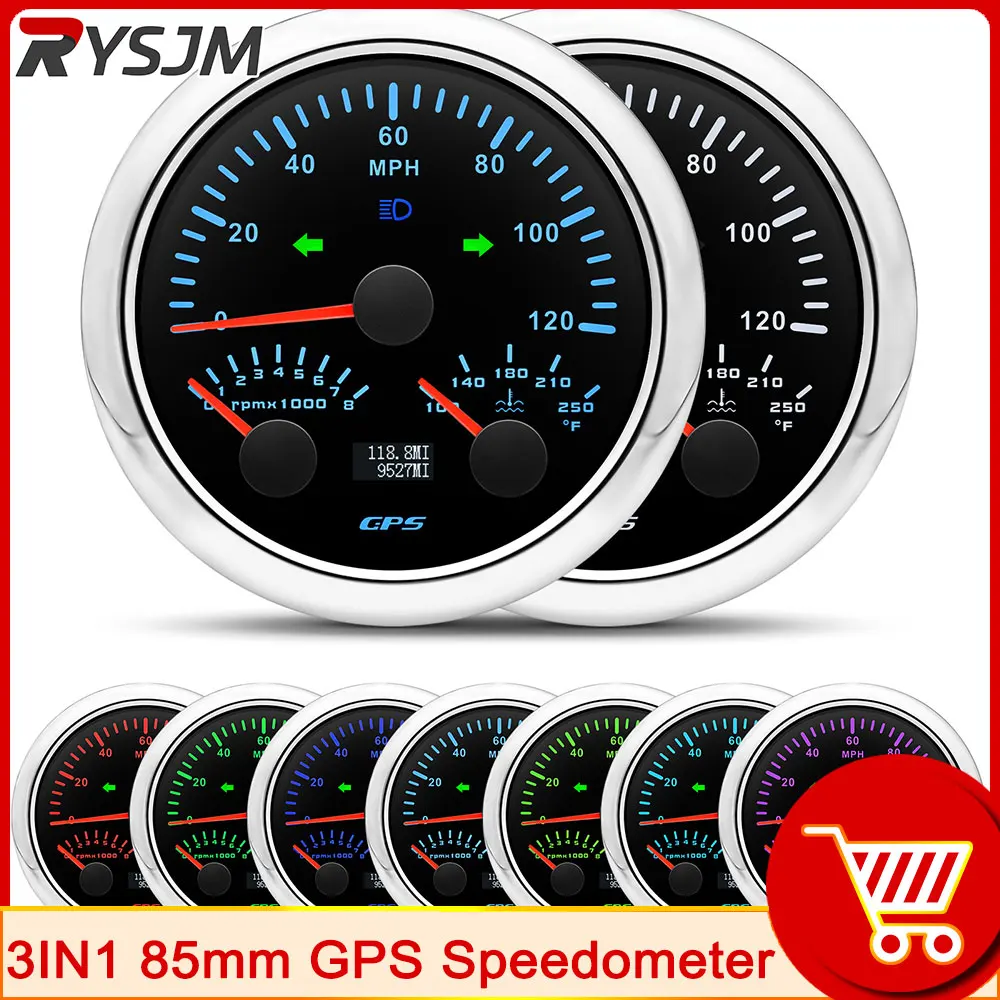 

3IN1 85mm GPS Speedometer With Antenna 120MPH + Tachometer + Water Temperature Gauge Fahrenheit For Motorcycle Yacht