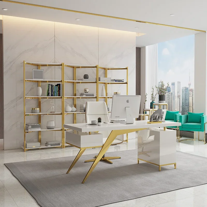 

Luxury Gold Stainless Steel Computer Table Working Desk for home office furniture set