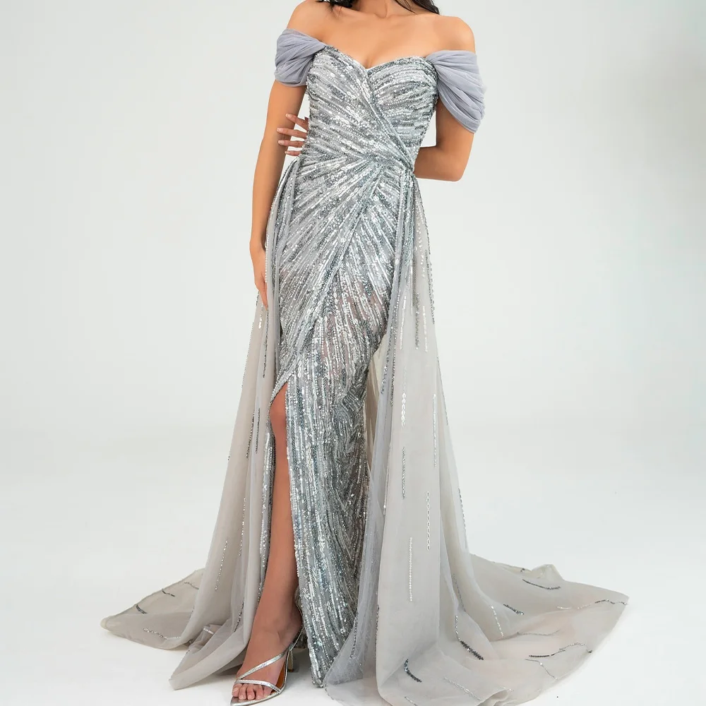 

Elegant Straight Floor Length Strapless Off the Shoulder Sleeveless Evening Dress Delicate Pleats Sequined Celebrity Gowns