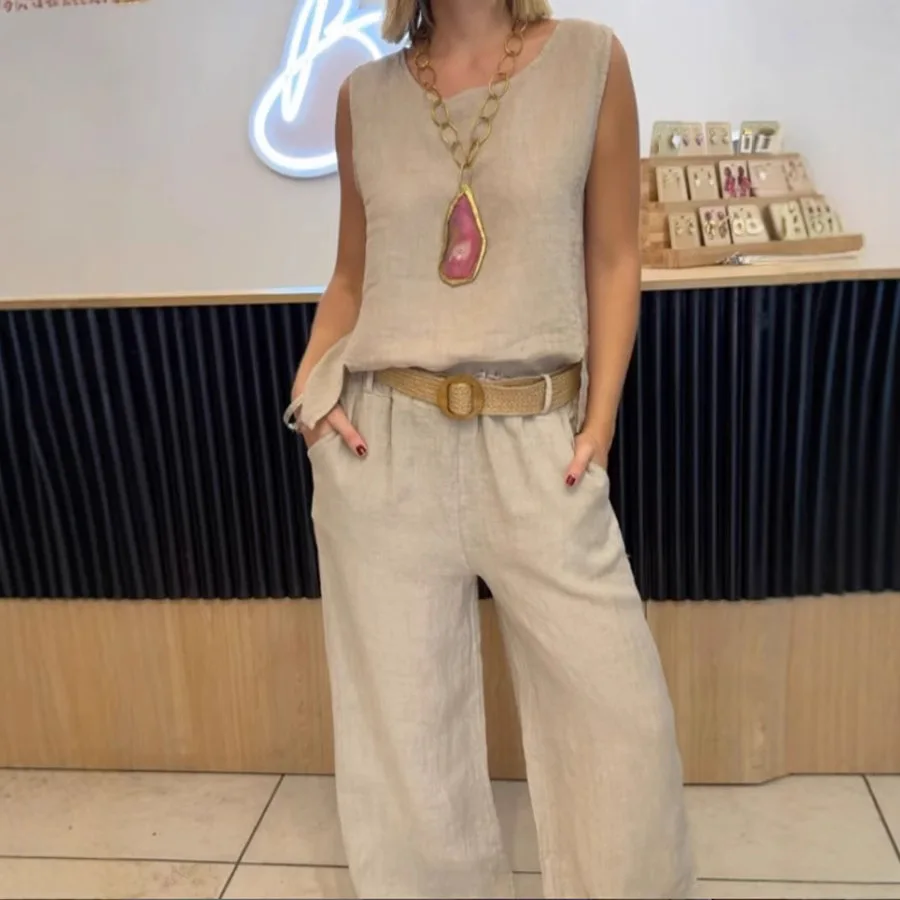 

Summer Fashion Retro Casual Solid Color Cotton Linen Suit Women's Sexy O-neck Sleeveless Vest + Trousers Suit Two-piece Suit