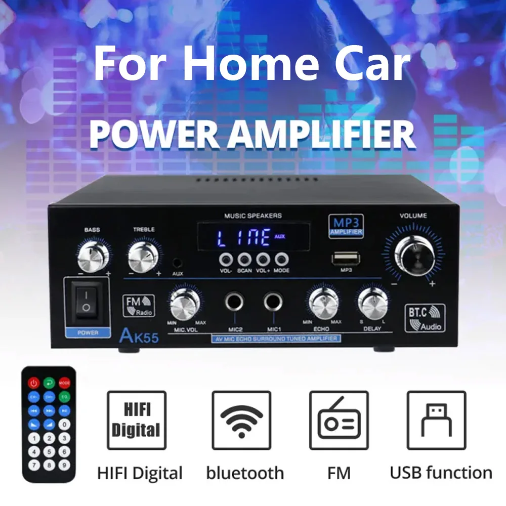 

AK55 900W Bluetooth Digital Amplifiers 2 Channel HiFi Stereo Sound amplifier for Home Car Karaoke FM USB AMP With Remote Control