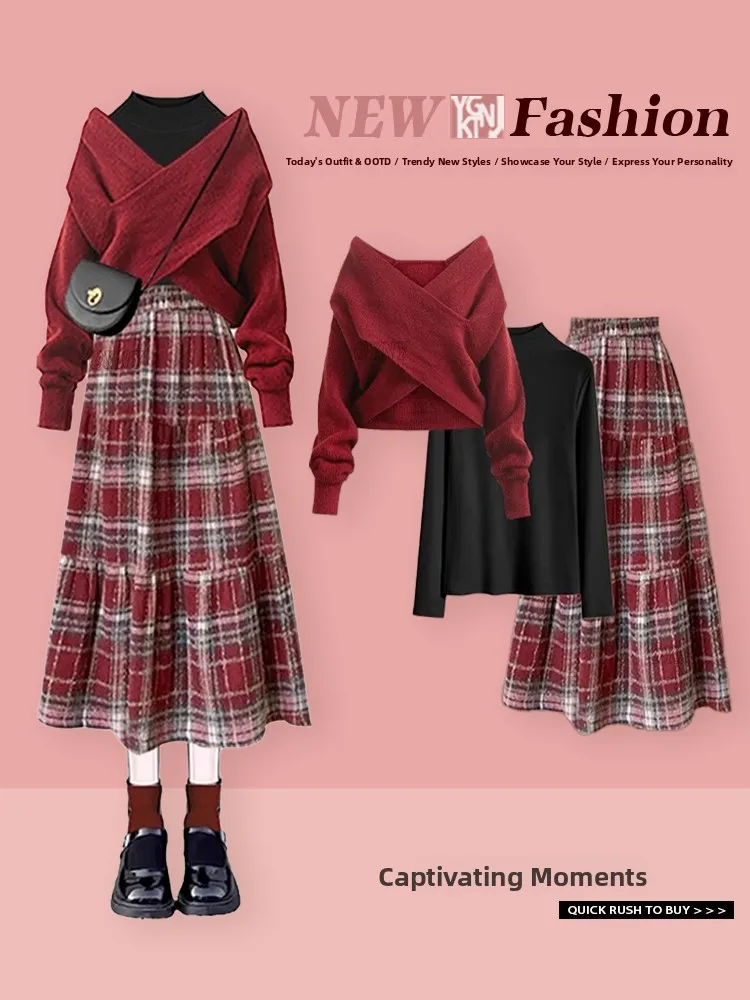 

Ретро-красный комплект для Нового года: свитер через плечо и юбка в клетку с высокой талией, женский зимний модный комплект одежды