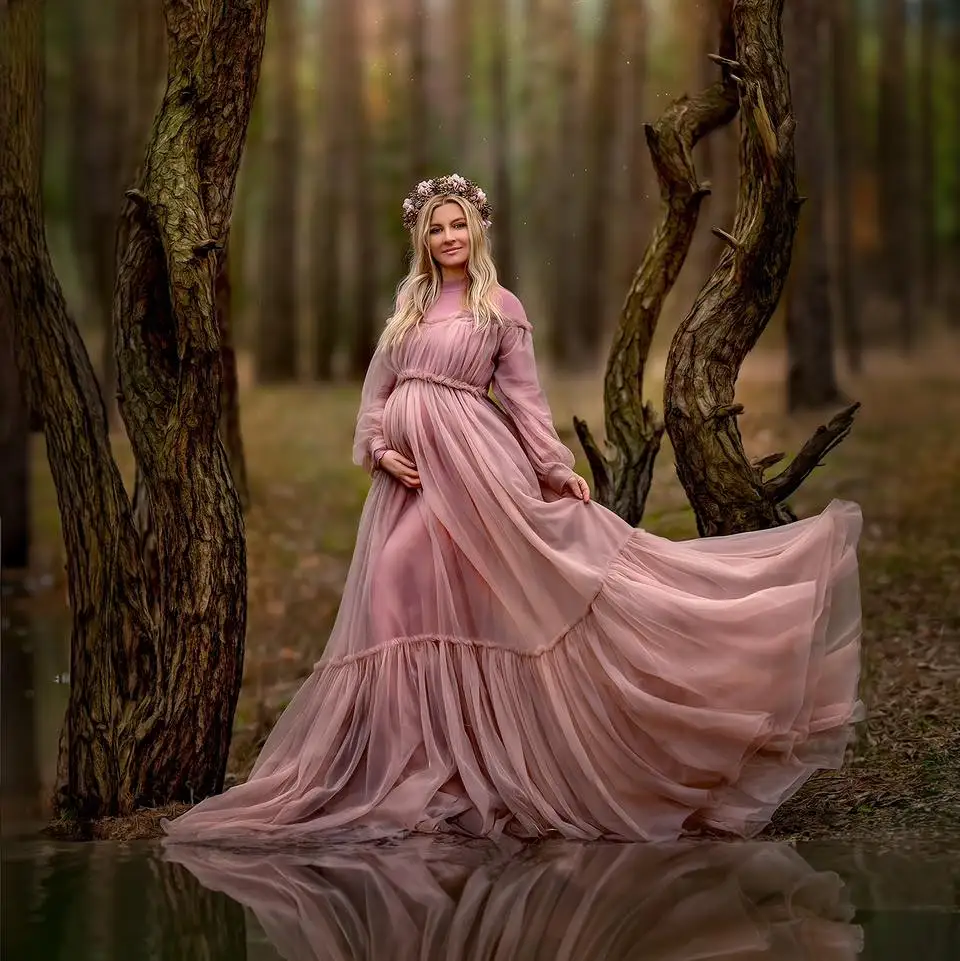 

Linda зимние розовые платья для беременных трапециевидной формы со складками из тюля для беременных женщин халаты длиной до пола по индивидуальному заказу фото платья для детского душа