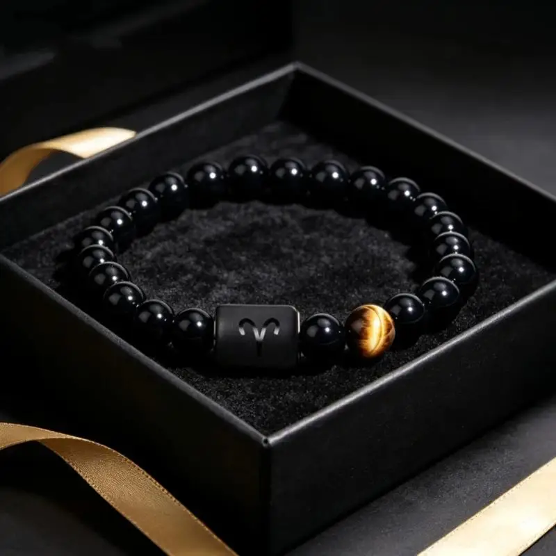 1 Pcs Men's Aries Zodiac Bracelet Features Natural Black Agate And Tiger's Eye Stones Incorporating Zodiac Elements
