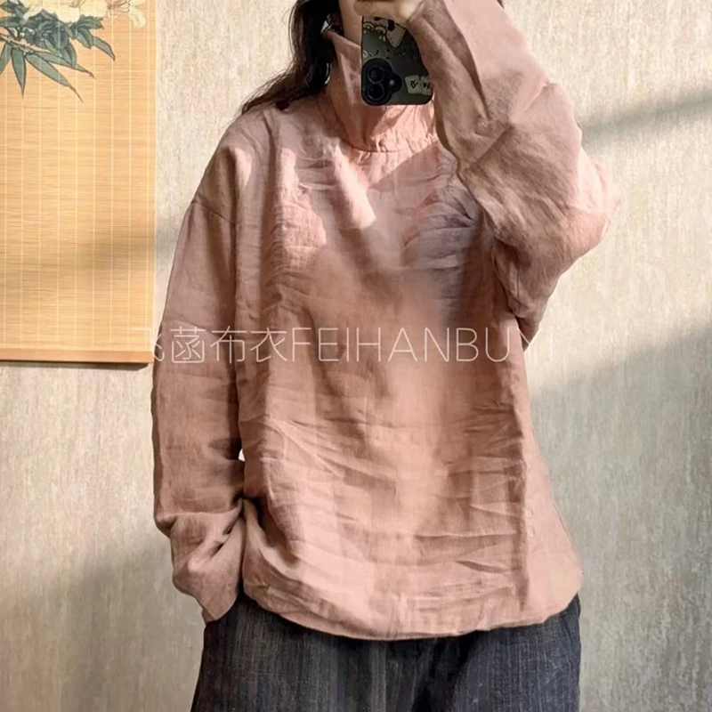 2025 New Arrival Autumn/winter Women Casual Long Sleeve V-neck Tops Tees All-matched High Quality Cotton Linen T-shirt F134