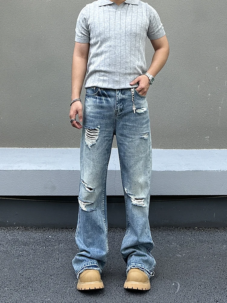 

Мужские джинсы в американском ретро-стиле, рваные, с потертостями, летние, модные, в уличном стиле, длиной в пол, свободные, прямого кроя, повседневные