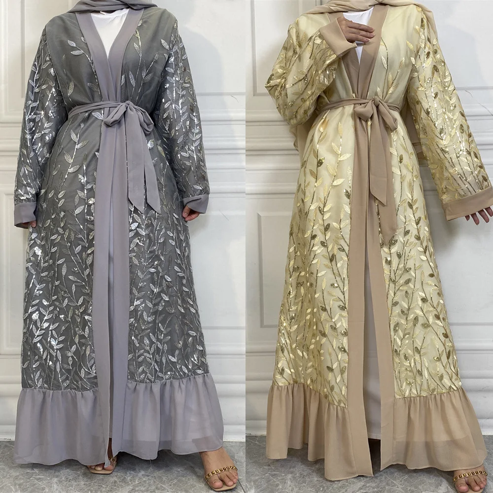 

Open Abaya Dubai Women Muslim Dress Embroidery Mesh Kaftan Turkish Clothing Lace-up Sequin Big Swing Robe Caftan Marocain Abayas