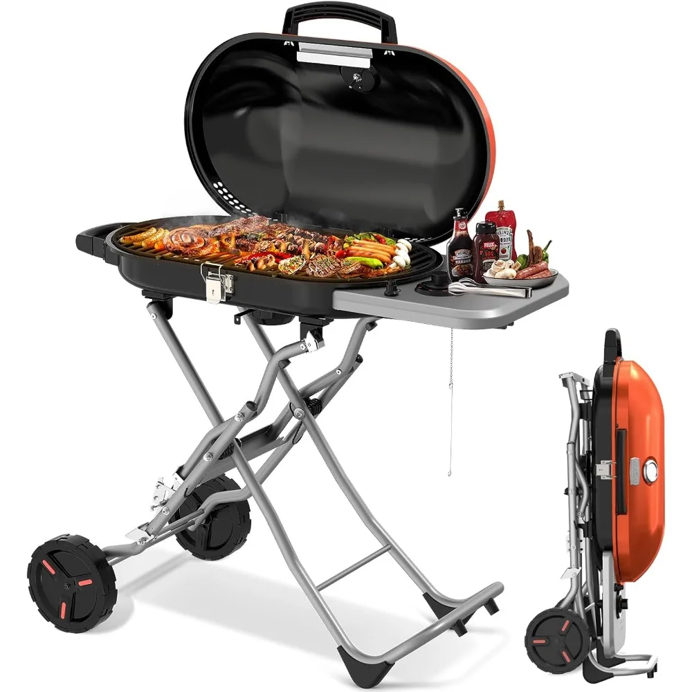 Portable Propane Gas Grill,15,000 BTU BBQ Grill with Top Cover Lid,Folding Legs & 2 Wheels, 406 sq.in. Grilling Areas