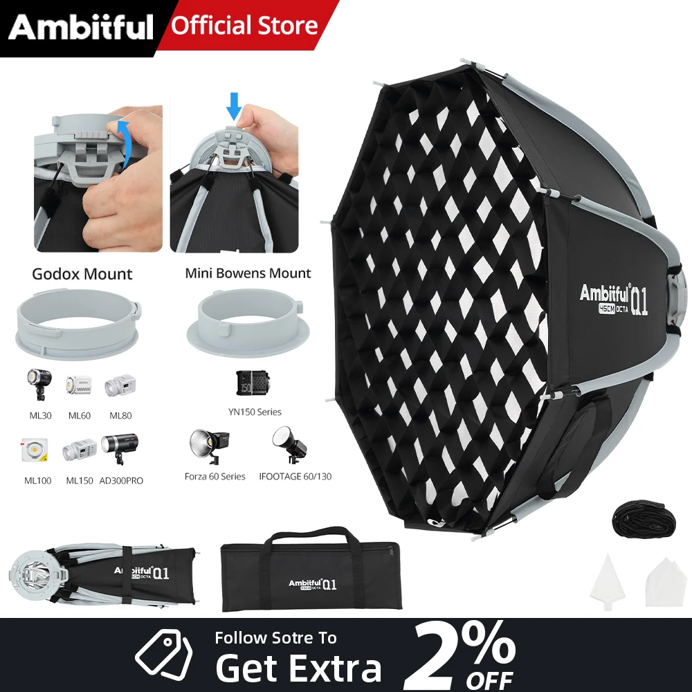 AMBITFUL Q1 30cm 45cm Octa Softbox Quick-Setup Design Mini Bowens/GODOX Mount With Grid Softbox For GODOX,Forza 60/YN150 Series