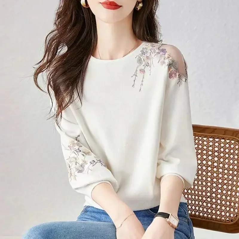 Kimotimo Embroidery Flower Hollow Sweater Women 2023 New Three Quarter Sleeve Thin Knit Tops Korean Fashion Versatile Pullover