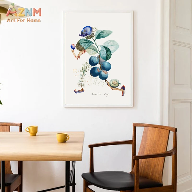 AZNM Surreal Botanical Fruit Figure Canvas Wall Art, Vintage Watercolor Lemon Cherry Blueberry Abstract Art Painting, Kitchen Ho view 3