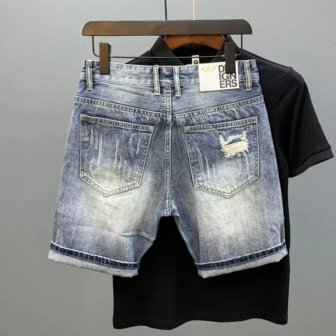 Summer Men's Brand Side Denim Shorts Scraped Torn 5 Points Men Loose Elastic Waist Jeans Pants