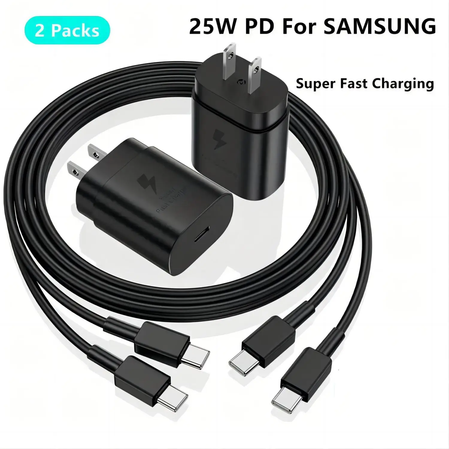 

PD 25W Fast Charging Charger with 1M/3FT Type C Cable Set for Samsung Phone IPhone15-2 Pack