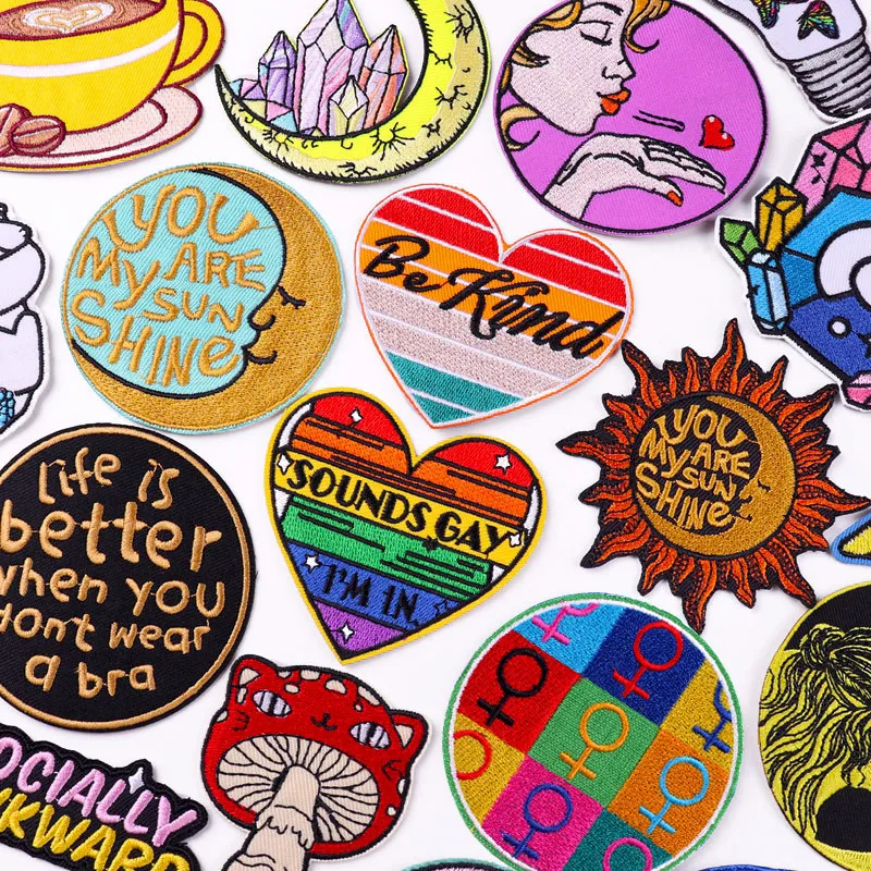 

Cartoon Embroidery Patches Rainbow Love Mushroom Moon Sun DIY Iron on Cloth Stickers Chest Badges Clothes Bags Hats Accessories
