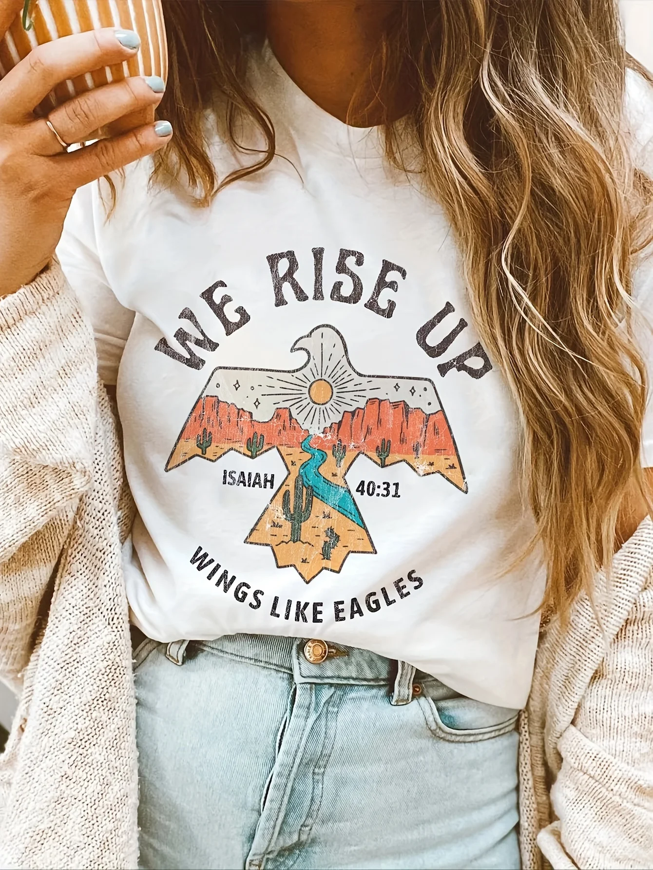 HAHAYULE We Rise Up T-Shirt Women Retro Style Nostalgic Printed Tee Country Music Tee Shirt