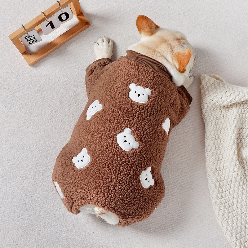 

Cute Puppy Clothes Dark Brown Jumpsuit Embroidered Cotton Coat Pet Clothes Autumn and Winter Fleece Coat Comfortable Dog Clothes