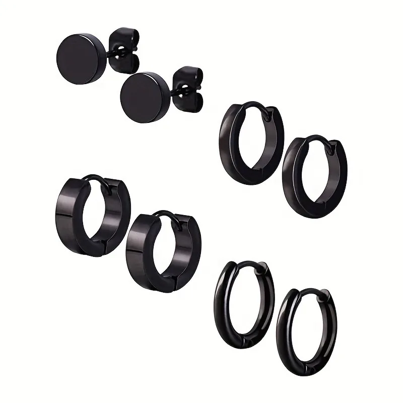 Stylish Men's 4-Pair Earring Set - Black Stainless Steel Studs & Hoops, Durable, Versatile & Allergy-Free