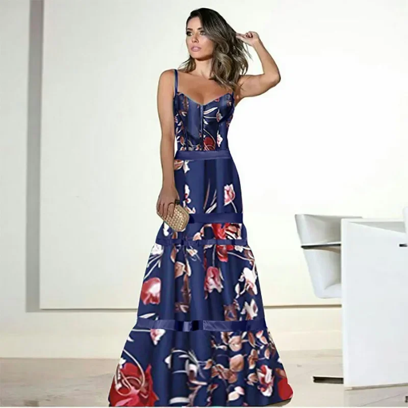 Sexy Beach Party Dresses For Women Boho Sexy Suspender Print Maxi Dress Sleeveless Long Skirt Fashion Woman Clothing Vestidos