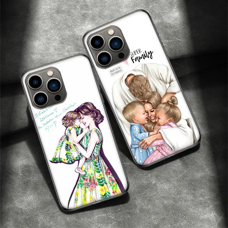 Family Mom Baby Dad Phone Case For Apple Iphone 16 15 Plus Soft 13 12 Mini Cover 11 14 Pro Max Capa X XS XR 8 7 Shell Coque Sili