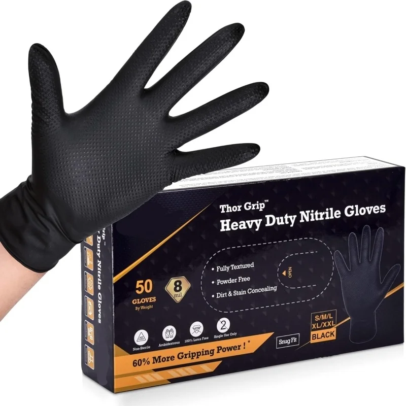 Heavy Duty Black Nitrile Gloves 10/30/50PCS 8mil Disposable Industrial Gloves with Raised Diamond Grip for Mechanics Auto Tattoo