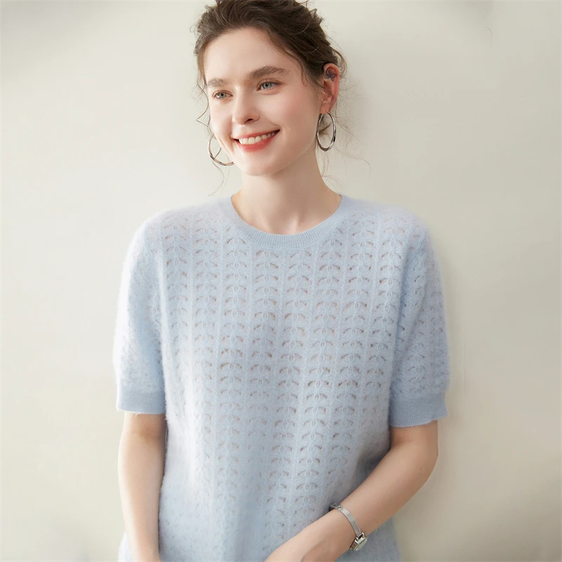 

Женские кашемировые свитера с круглым вырезом, 100% кашемир, вязаные, с коротким рукавом, пуловеры, весна-осень, повседневные, ажурные