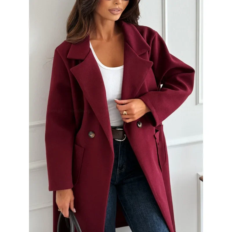 

Winter New Pure Color Long Sleeve Pocket Woolen Coat Elegant Commute Style Urban Fashion Women's Fashion Outerwear
