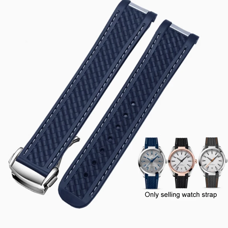 Rubber Silicone Watch Strap For Omega Seamaster 300 AT150 Aqua Terra Ultra Light 8900 Steel Buckle Blue Watchband Bracelets 20mm